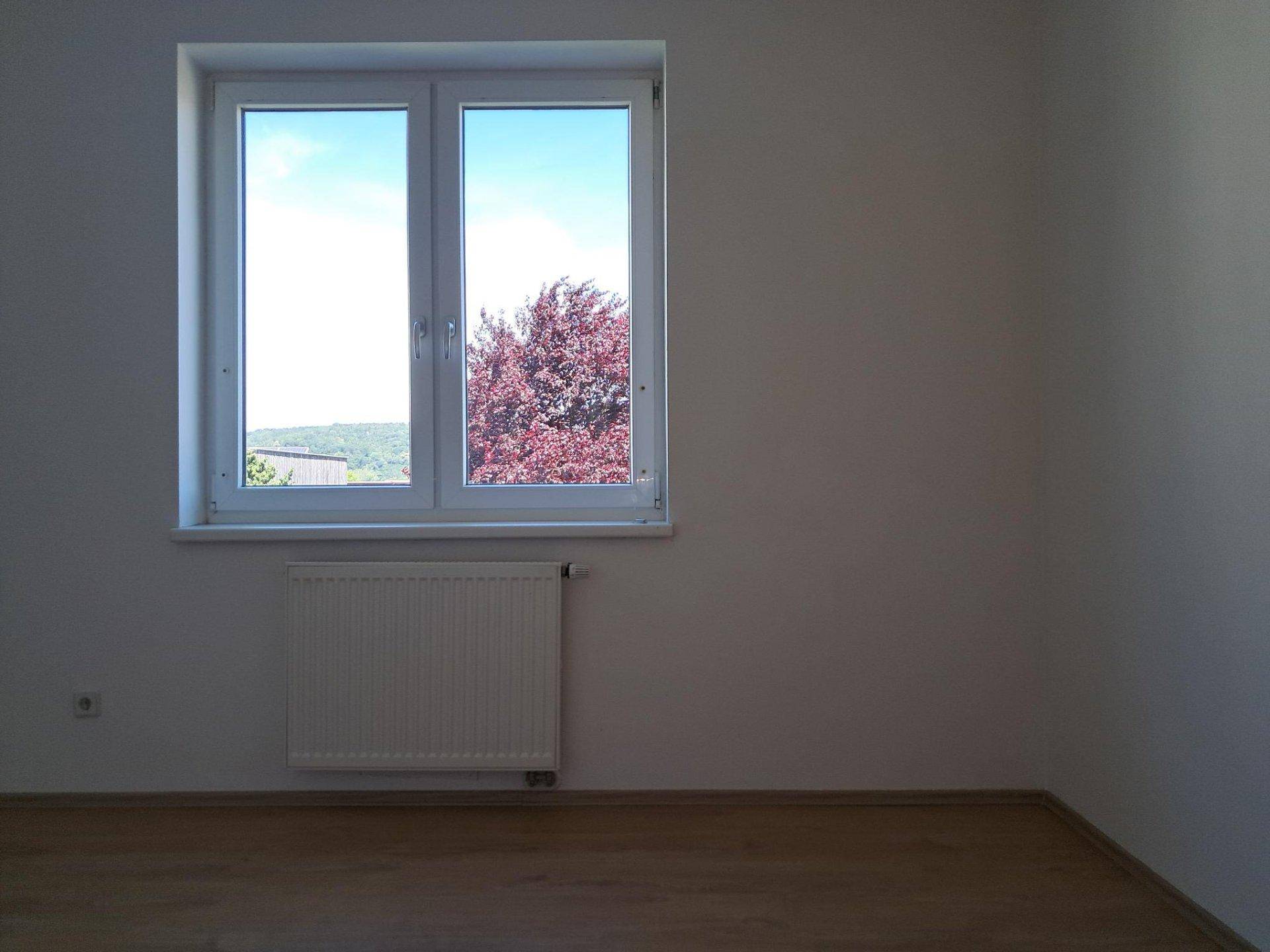 Leeres Zimmer mit hellem Holzboden, weiß gestrichenen Wänden und einem Fenster mit Blick ins Grüne.