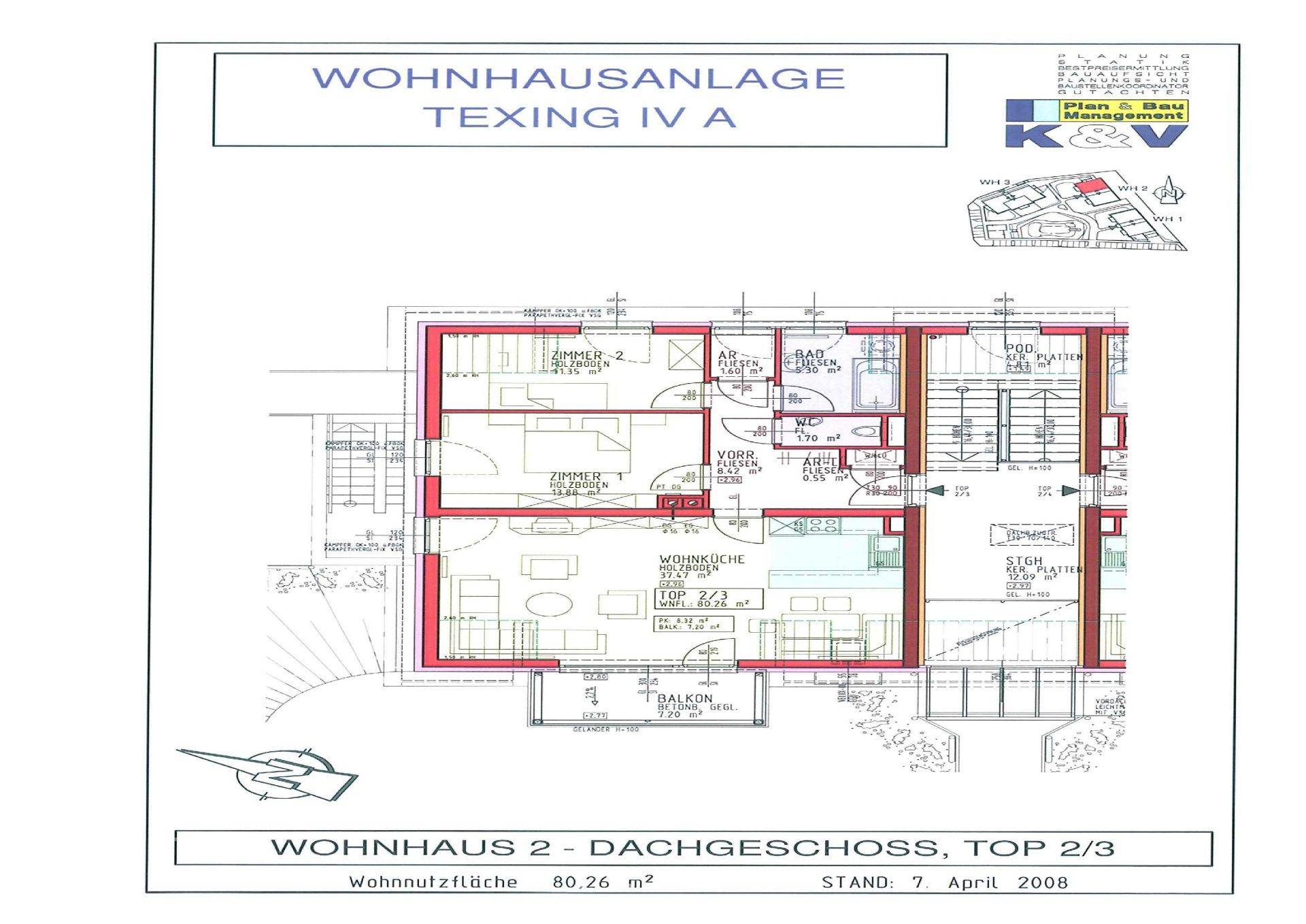 Grundriss des Dachgeschosses von Wohnhaus 2, zeigt die Raumaufteilung und den Balkon.