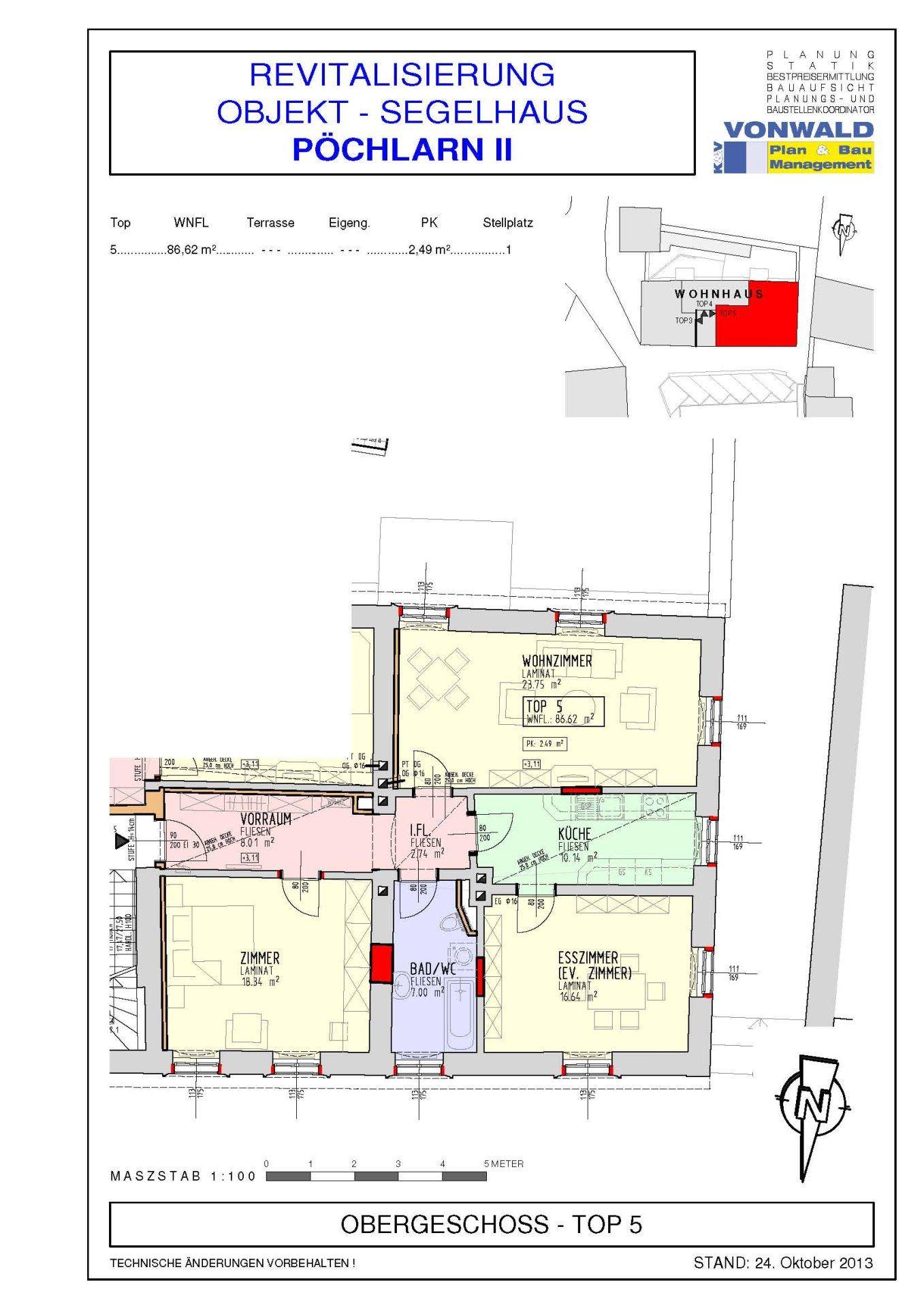 Grundriss des Obergeschosses Top 5 mit Wohnzimmer, Küche, Esszimmer und Bad/WC.