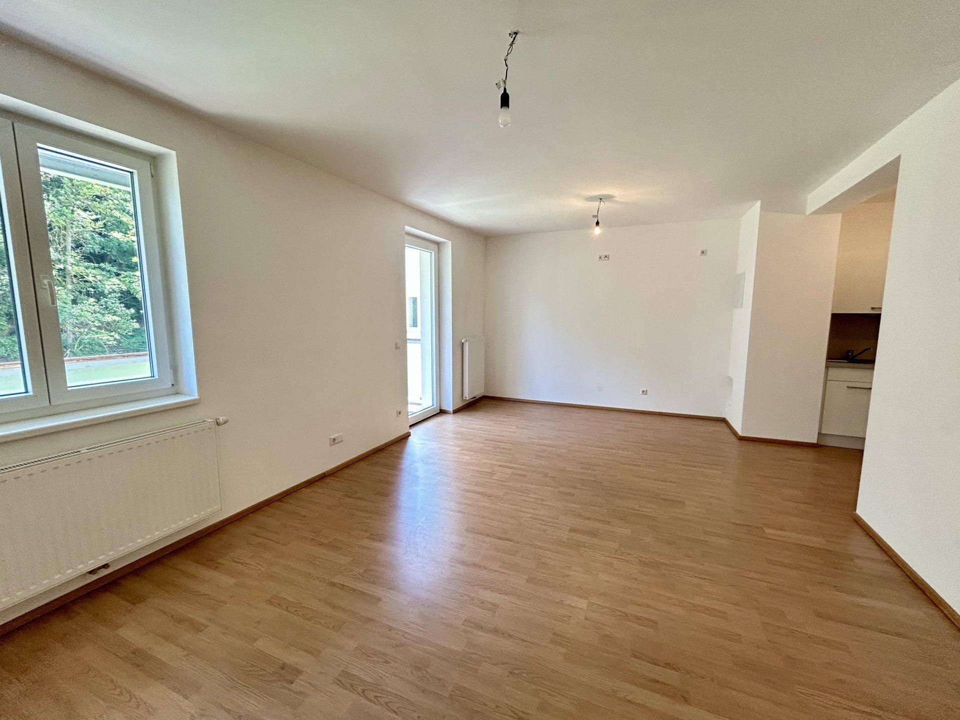 Helles Wohnzimmer mit Holzboden und Blick auf die angrenzende Küchenzeile.