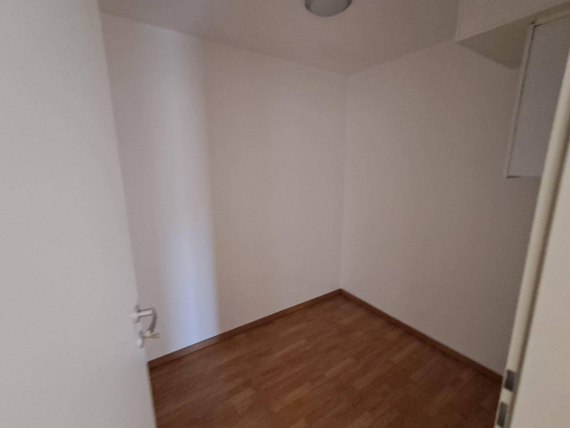 Kleiner, leerer Abstellraum mit Laminatboden und weißen Wänden.