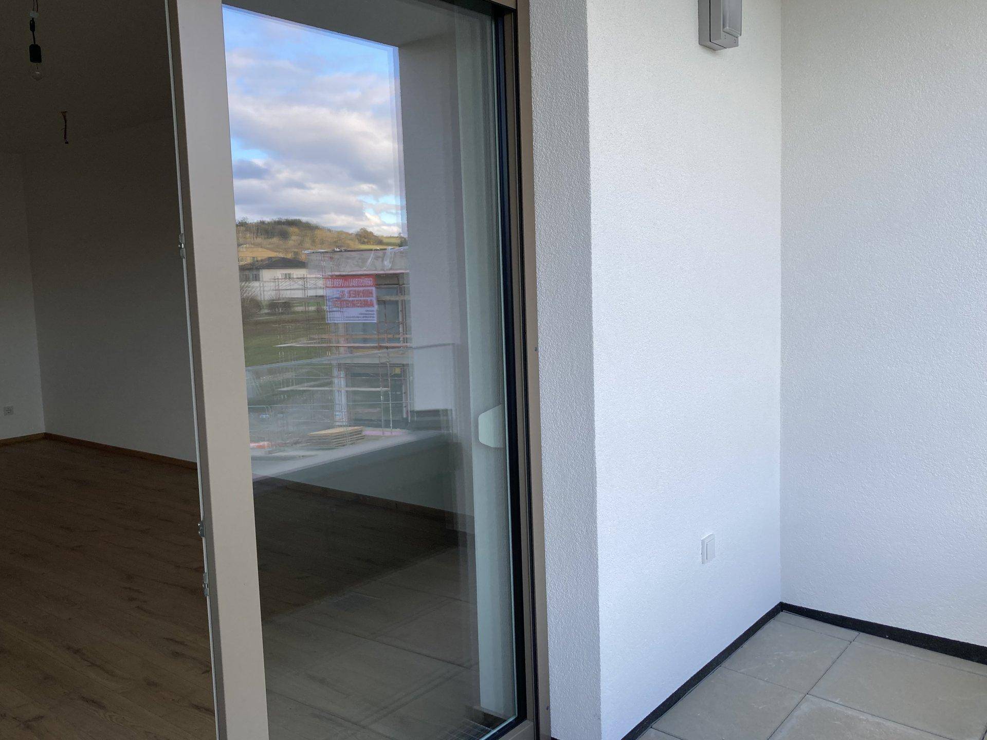 Detailansicht der Balkontür mit Blick auf die Glasbrüstung und die Umgebung, die viel Licht hereinlässt.
