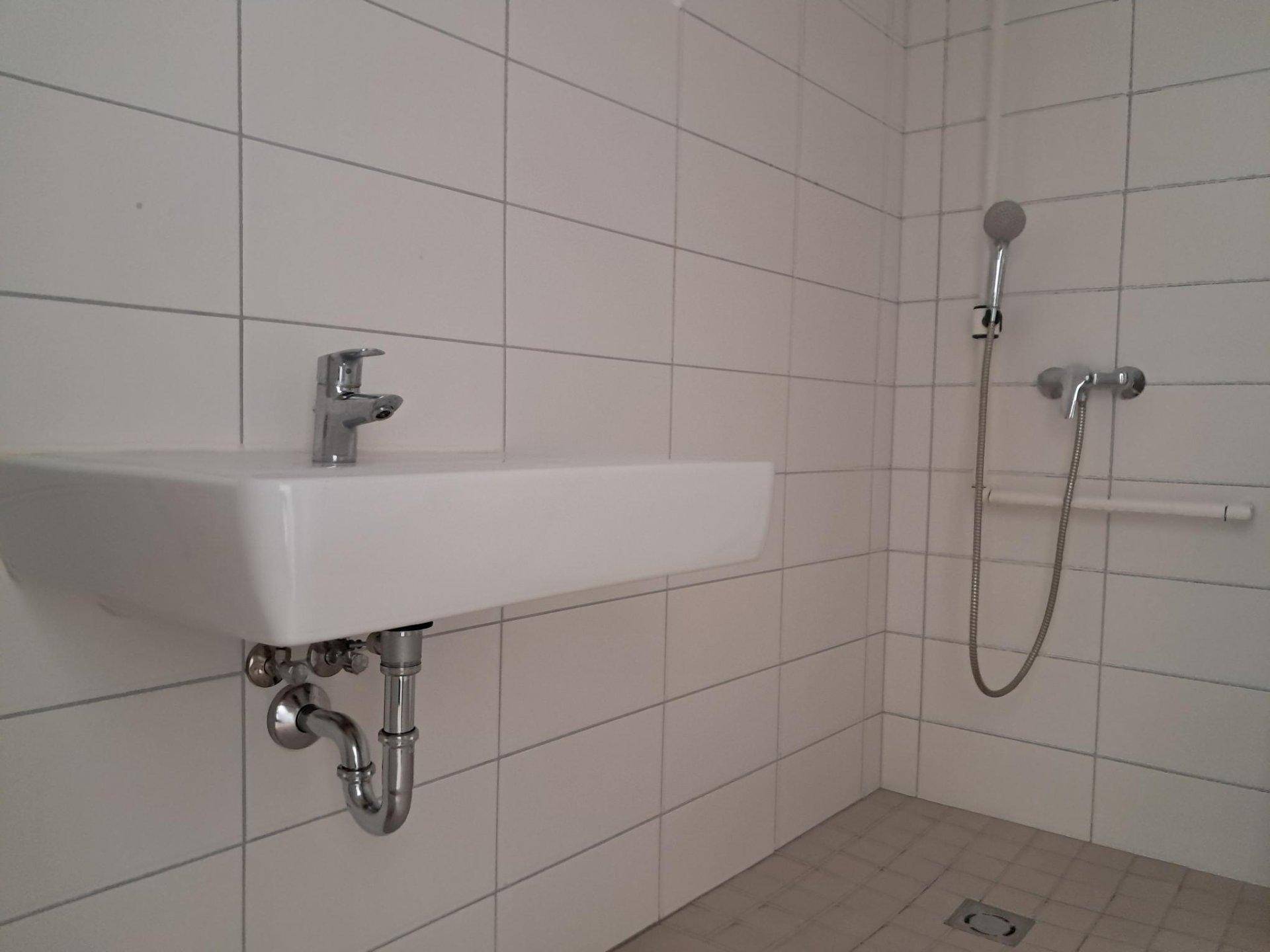 Modernes Badezimmer mit weißem Waschbecken, gefliesten Wänden und einer ebenerdigen Dusche.