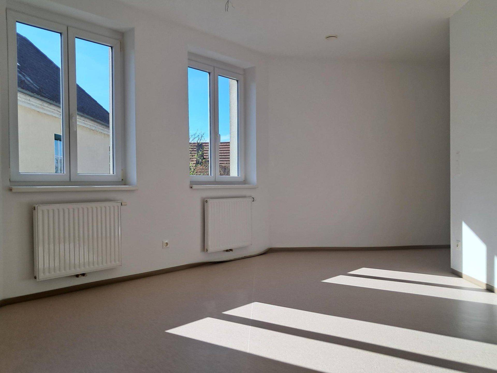 Heller Wohnbereich mit zwei Fenstern, die den Raum mit Sonnenlicht durchfluten.