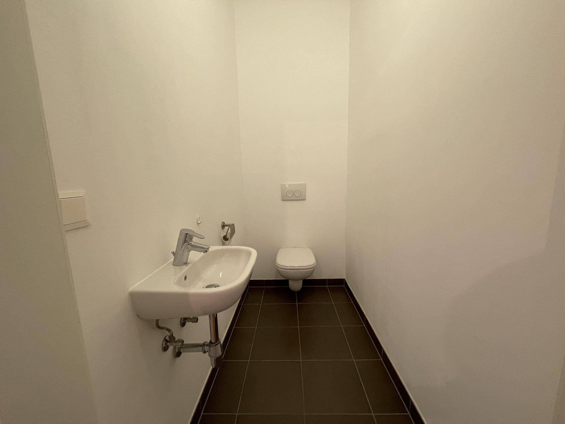 Kleines Gäste-WC mit Wand-WC, Waschbecken und dunklen Bodenfliesen.