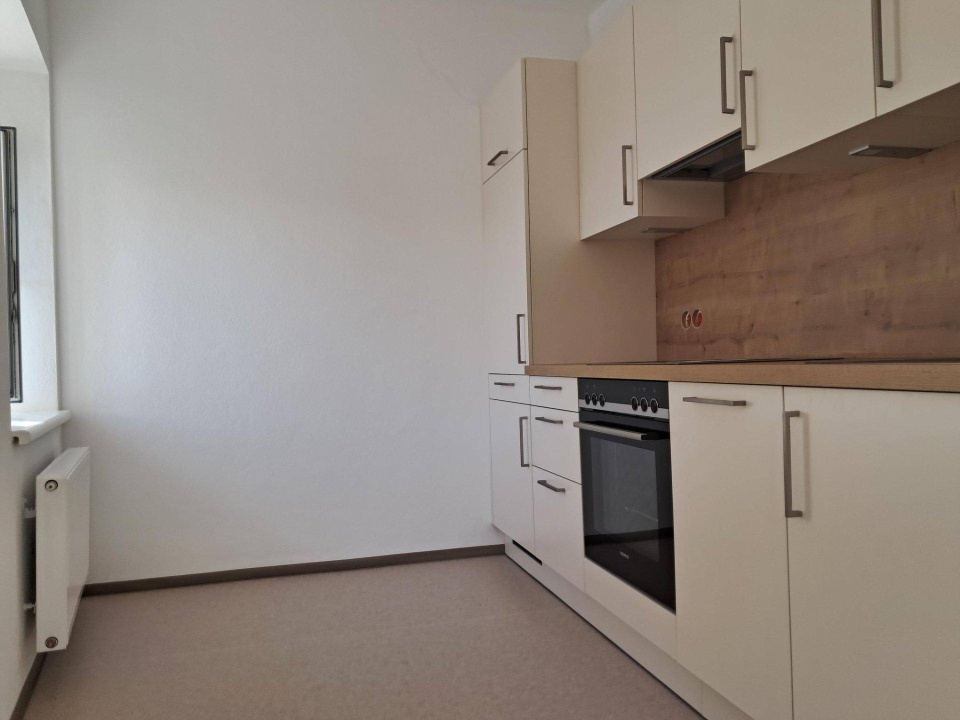 Moderne Einbauküche mit hellen Schränken, integriertem Backofen und Holzoptik-Arbeitsplatte.
