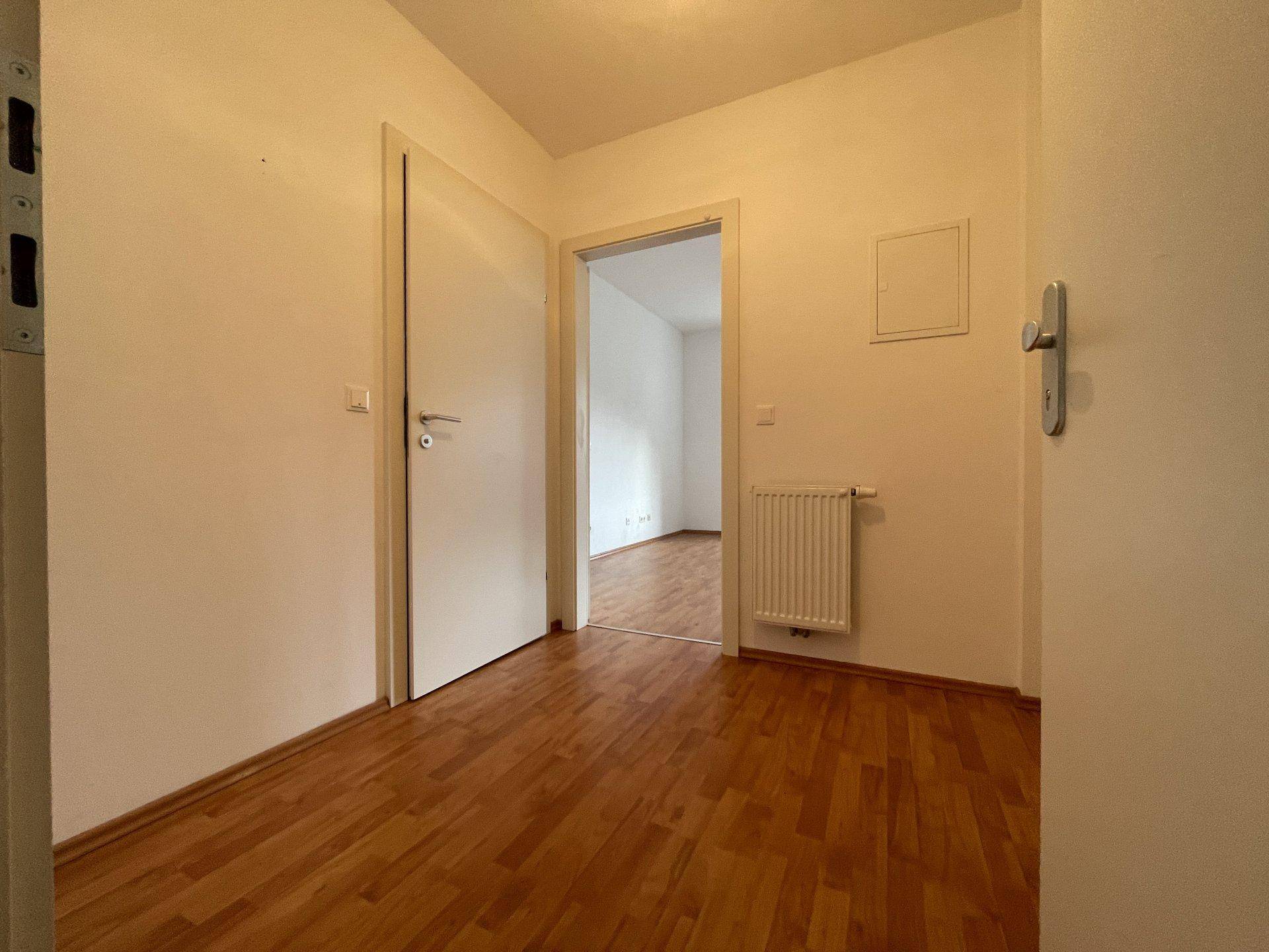 Heller Flur mit Laminatboden und weißen Wänden, der zu weiteren Räumen führt.