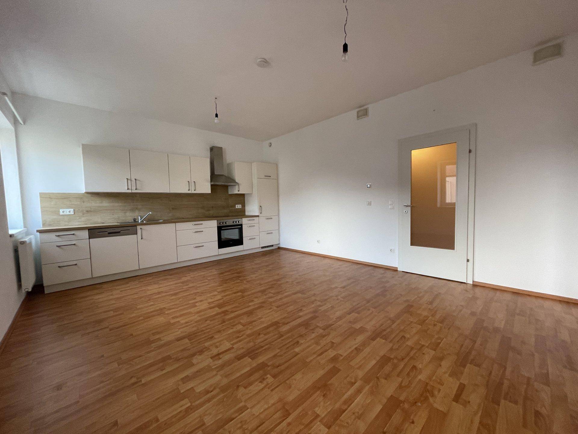 Offener Wohnbereich mit integrierter Einbauküche, Laminatboden und viel Platz.