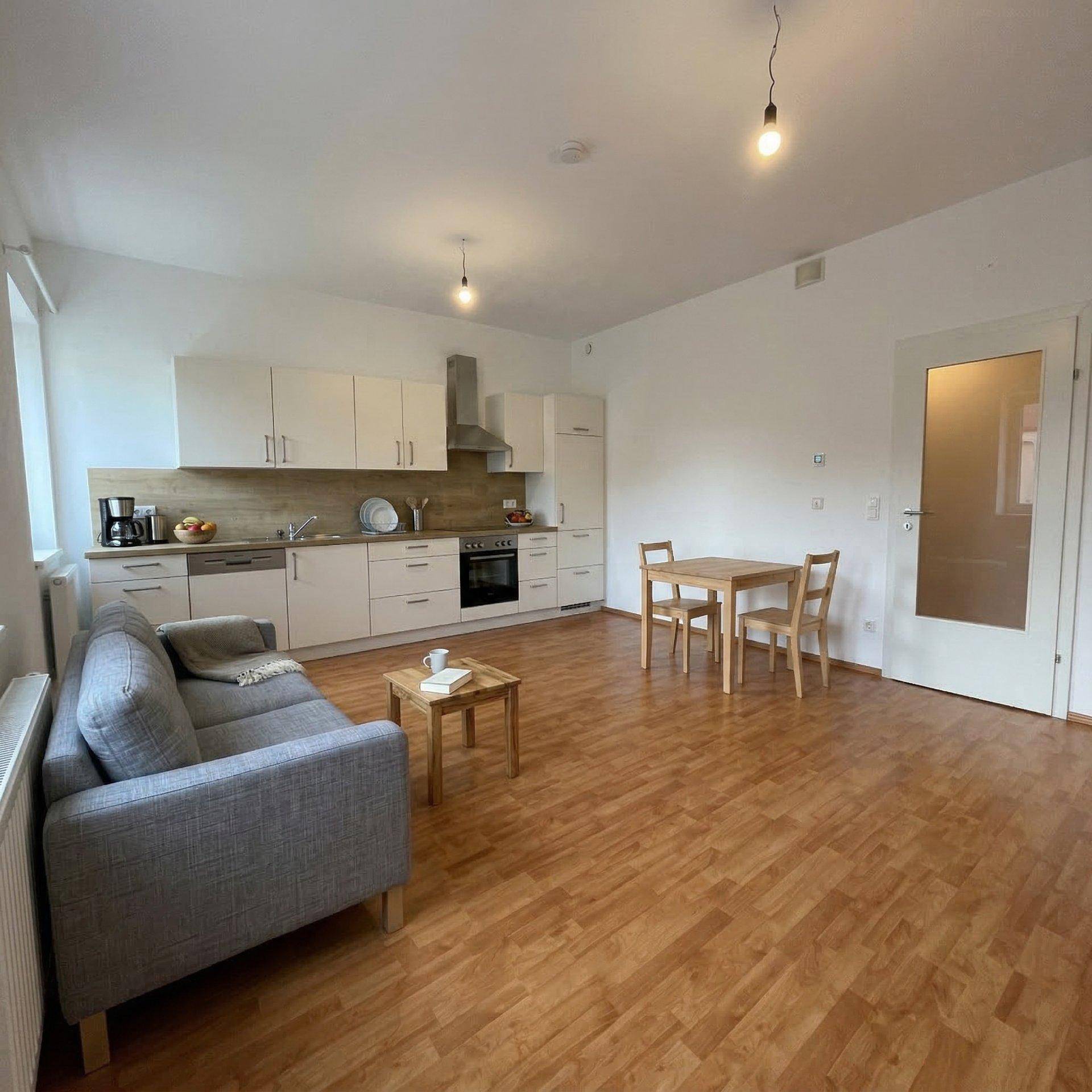 Gemütlicher Wohnbereich mit integrierter Küche, Sofa, Esstisch und Laminatboden.