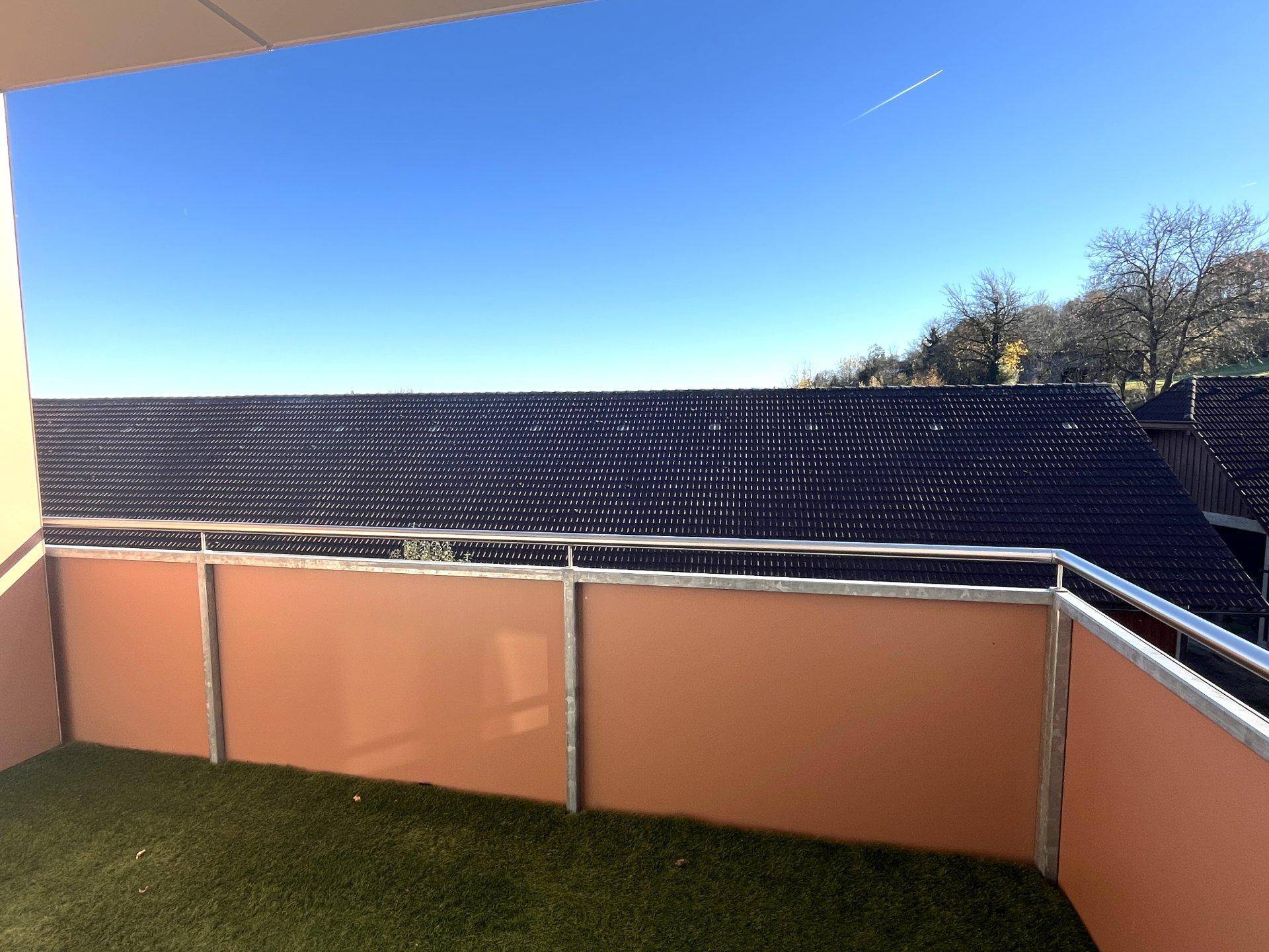 Balkon mit Kunstrasen und Metallgeländer, bietet einen Blick auf die umliegenden Dächer und Bäume.