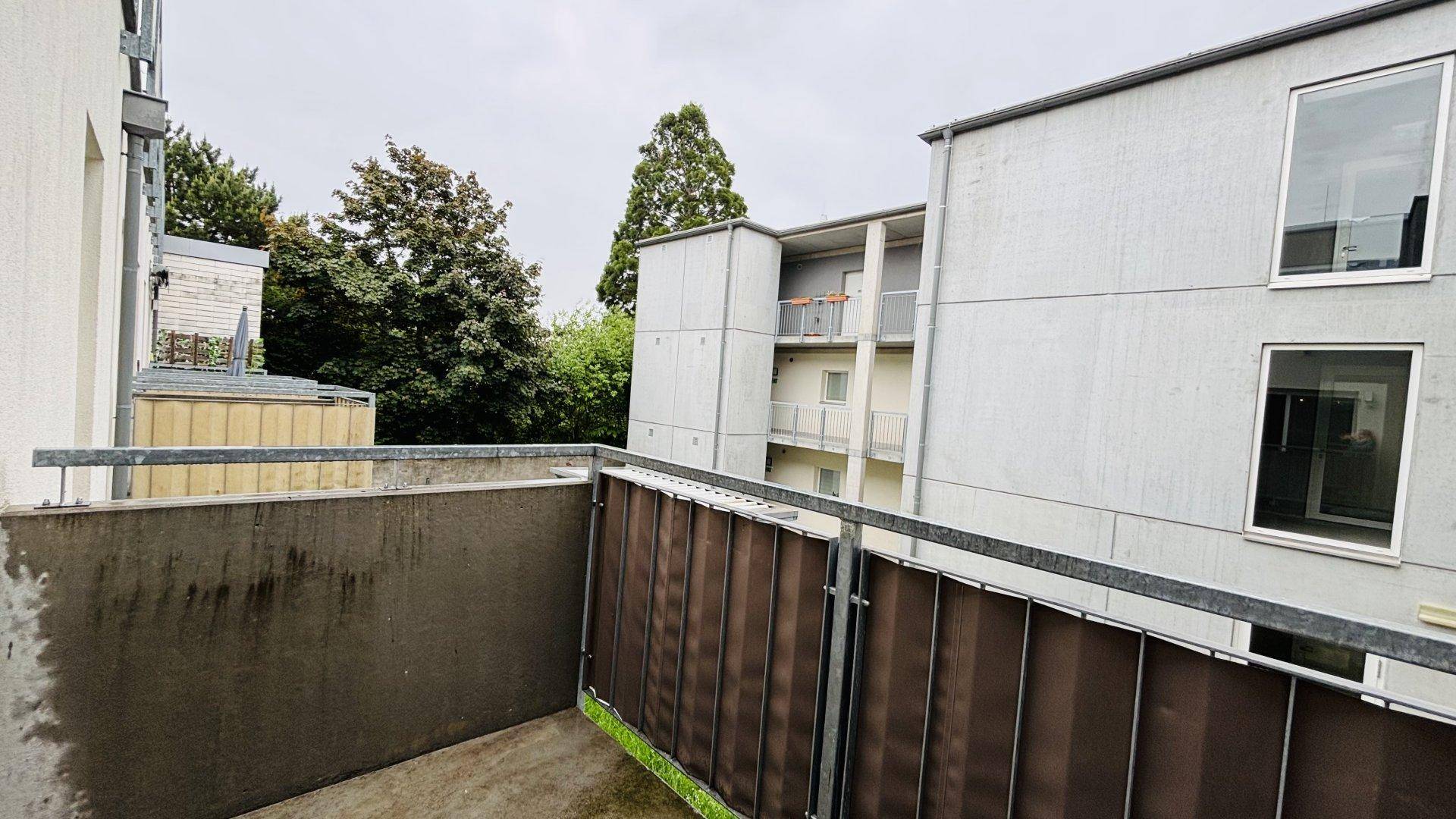 Blick von einem Balkon auf die umliegenden Gebäude und Bäume an einem bewölkten Tag.