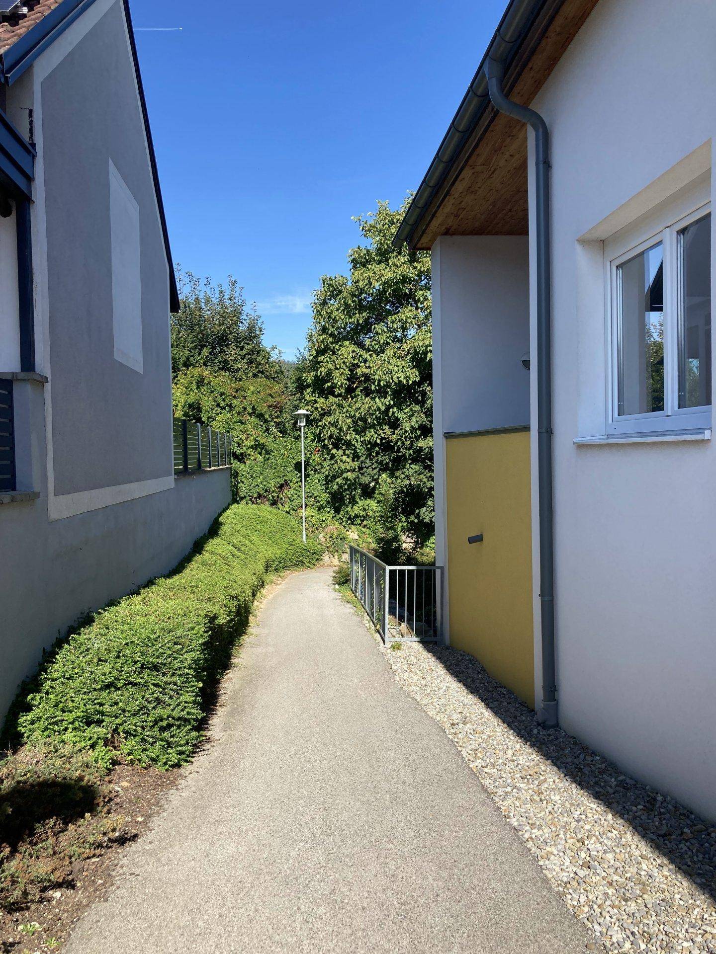 Fußweg zwischen den Gebäuden, umgeben von Hecken und Bäumen unter blauem Himmel.