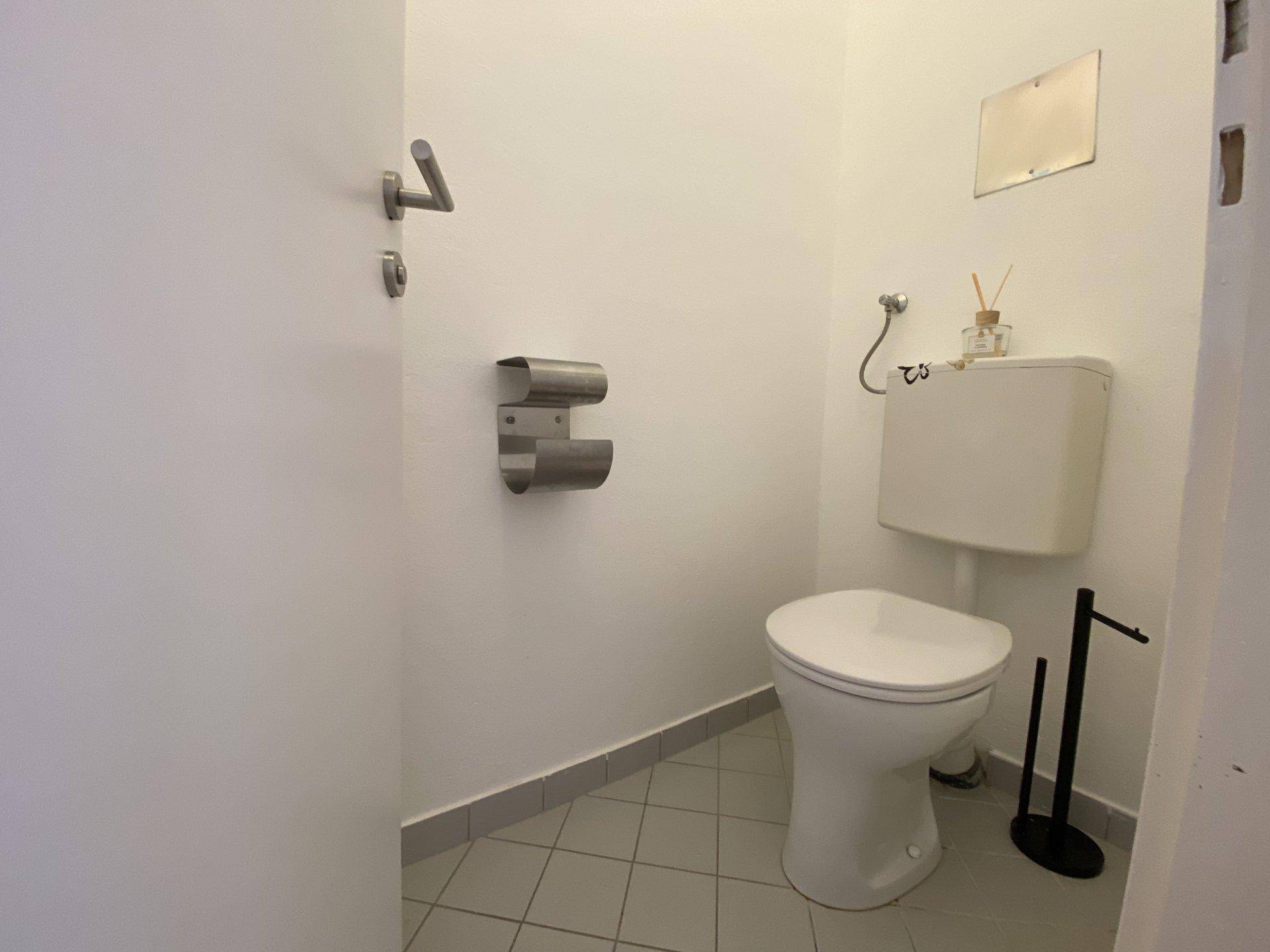 Kleines Gäste-WC mit weißer Toilette und grauen Fliesen, funktional und sauber.