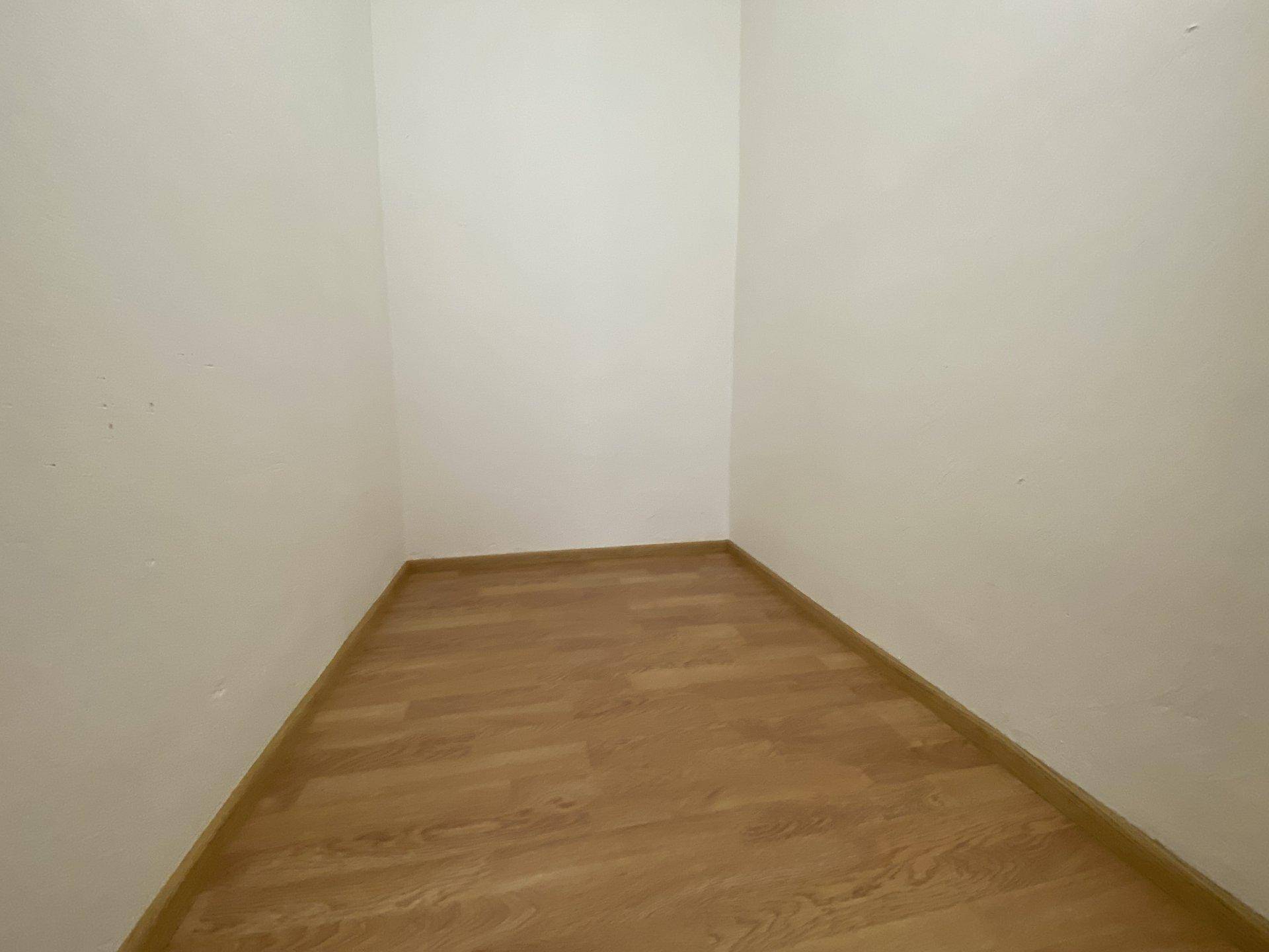 Kleiner, heller Abstellraum mit Laminatboden und weißen Wänden, ideal für zusätzlichen Stauraum.