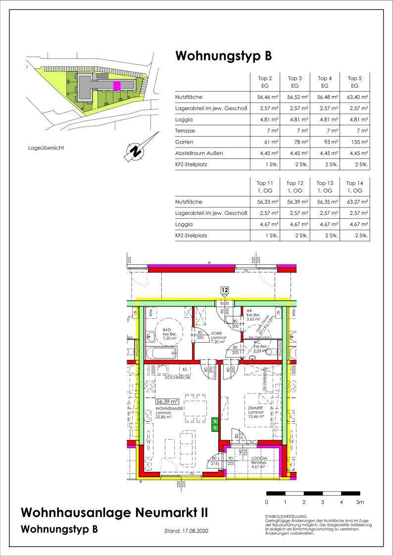 Grundriss für Wohnungstyp B mit offenem Wohnbereich, Loggia und Gartenanteil im Erdgeschoss.