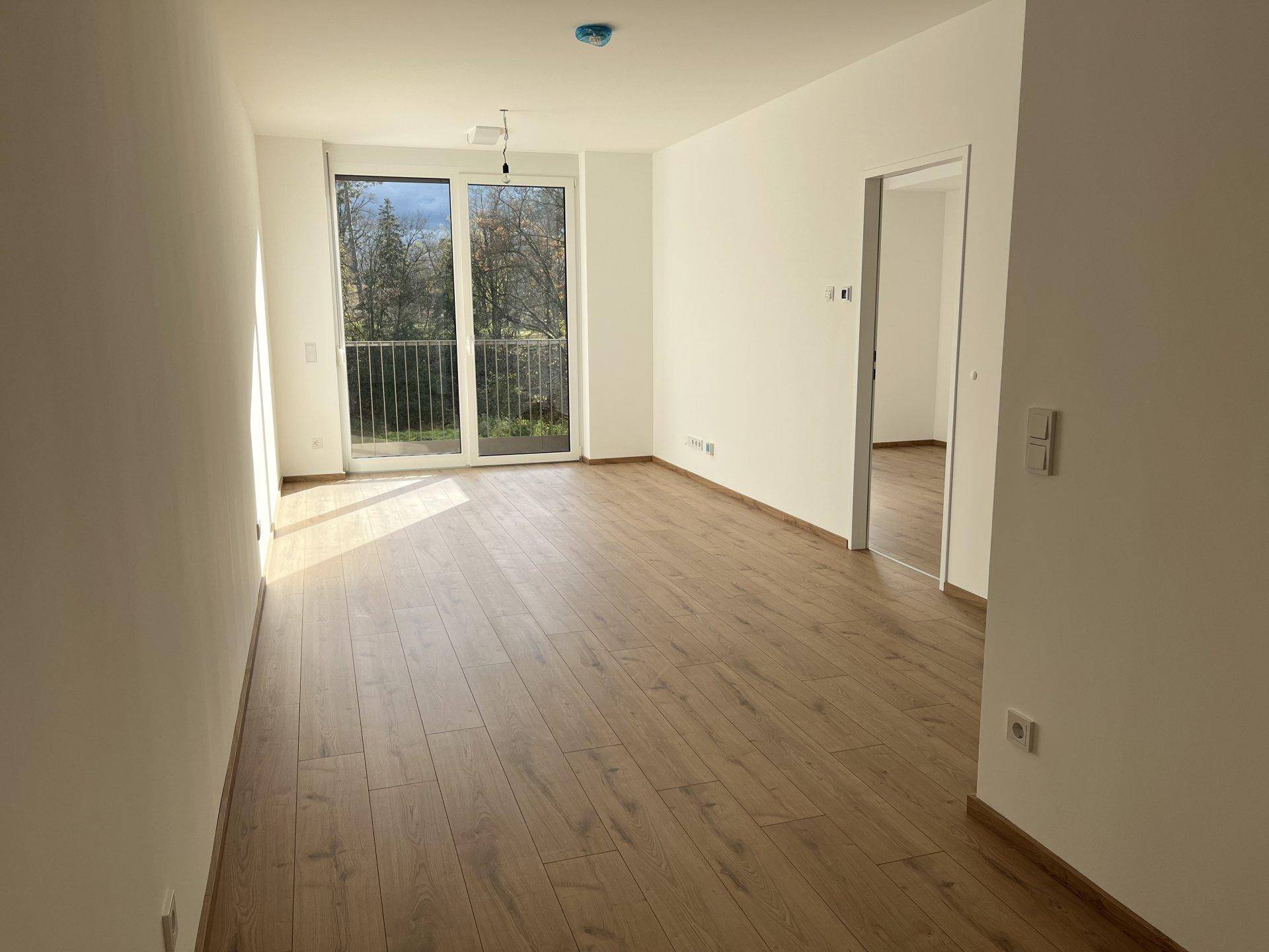 Geräumiges, helles Wohnzimmer mit Laminatboden und Zugang zu einem französischen Balkon.