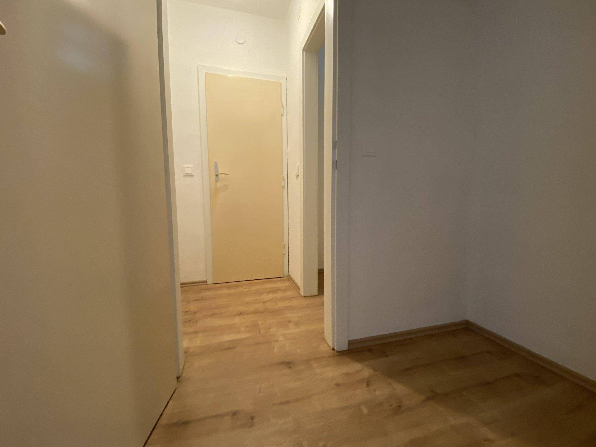 Schmaler Flur mit Laminatboden und Türen zu angrenzenden Räumen.