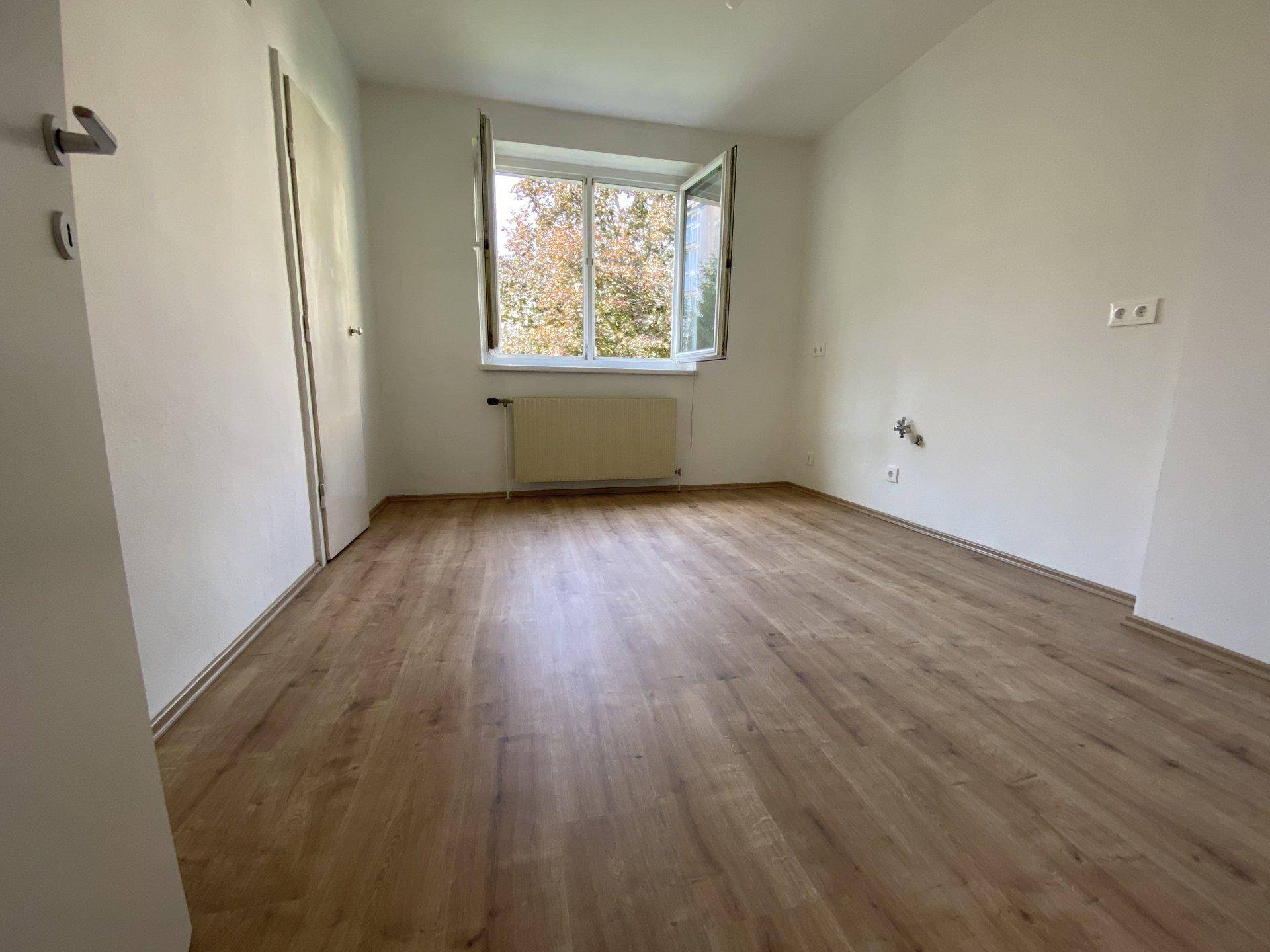 Leeres Zimmer mit Laminatboden, Fensterblick ins Grüne und Heizkörper.
