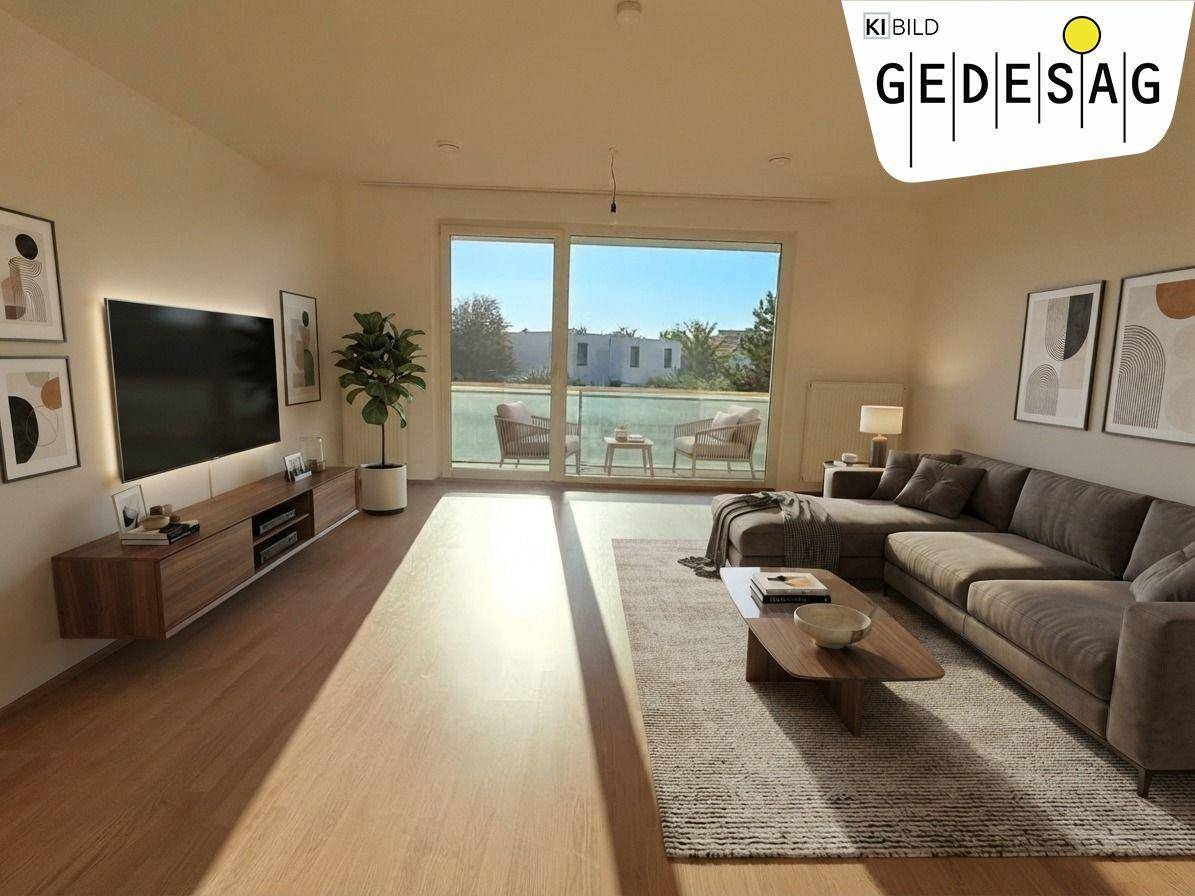 Helles Wohnzimmer mit modernem Sofa, Holzboden und Zugang zu einem sonnigen Balkon.