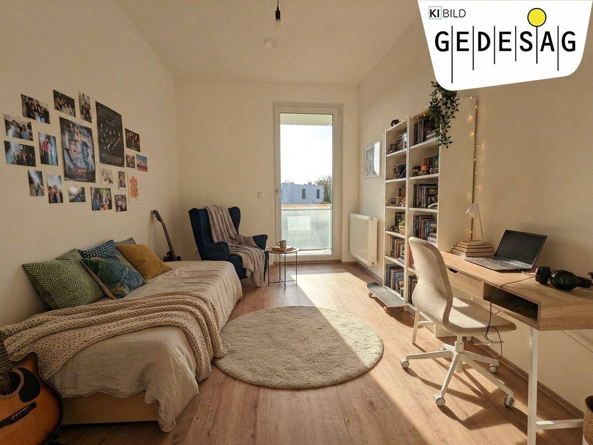 Gemütliches Schlafzimmer mit Bett, Schreibtisch, Bücherregal und Zugang zu einem Balkon.