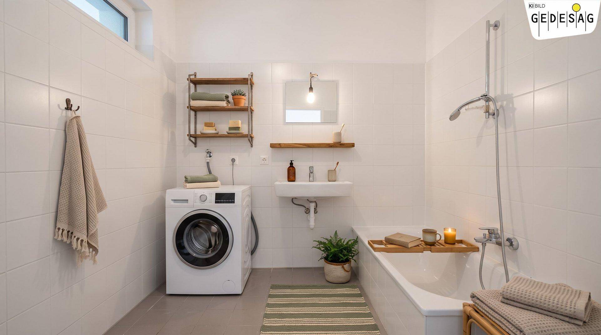 Modernes Badezimmer mit Badewanne, Waschbecken, Waschmaschine und weißen Fliesen.