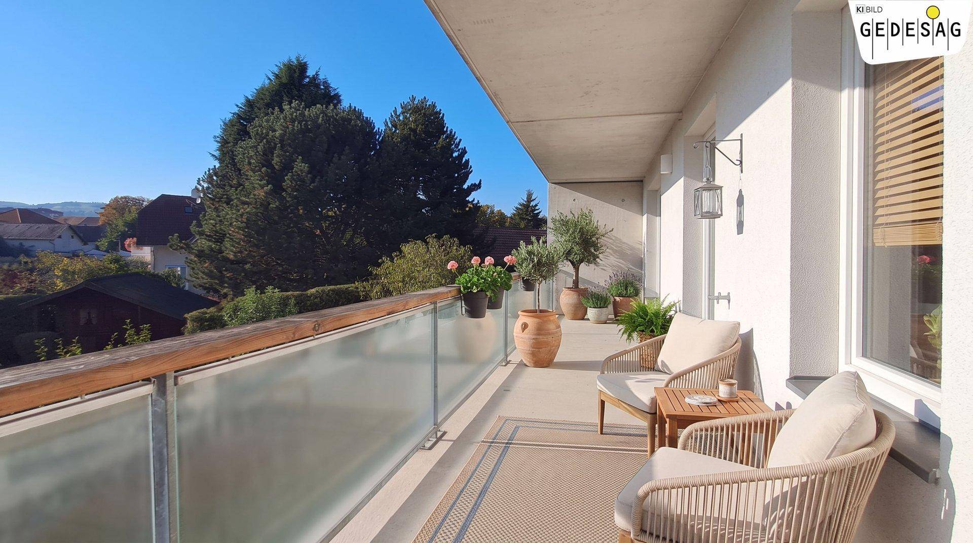 Geräumiger Balkon mit Sitzgelegenheiten, Pflanzen und weitem Blick ins Grüne.