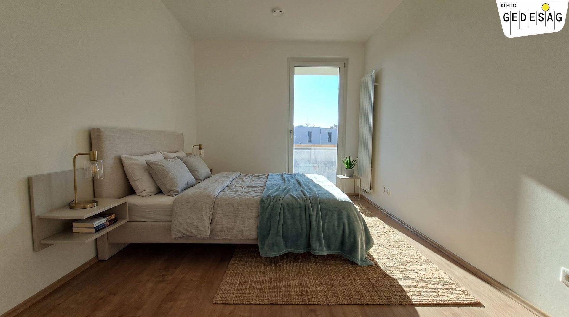 Ruhiges Schlafzimmer mit Doppelbett, Nachttischen und Zugang zu einem sonnigen Außenbereich.