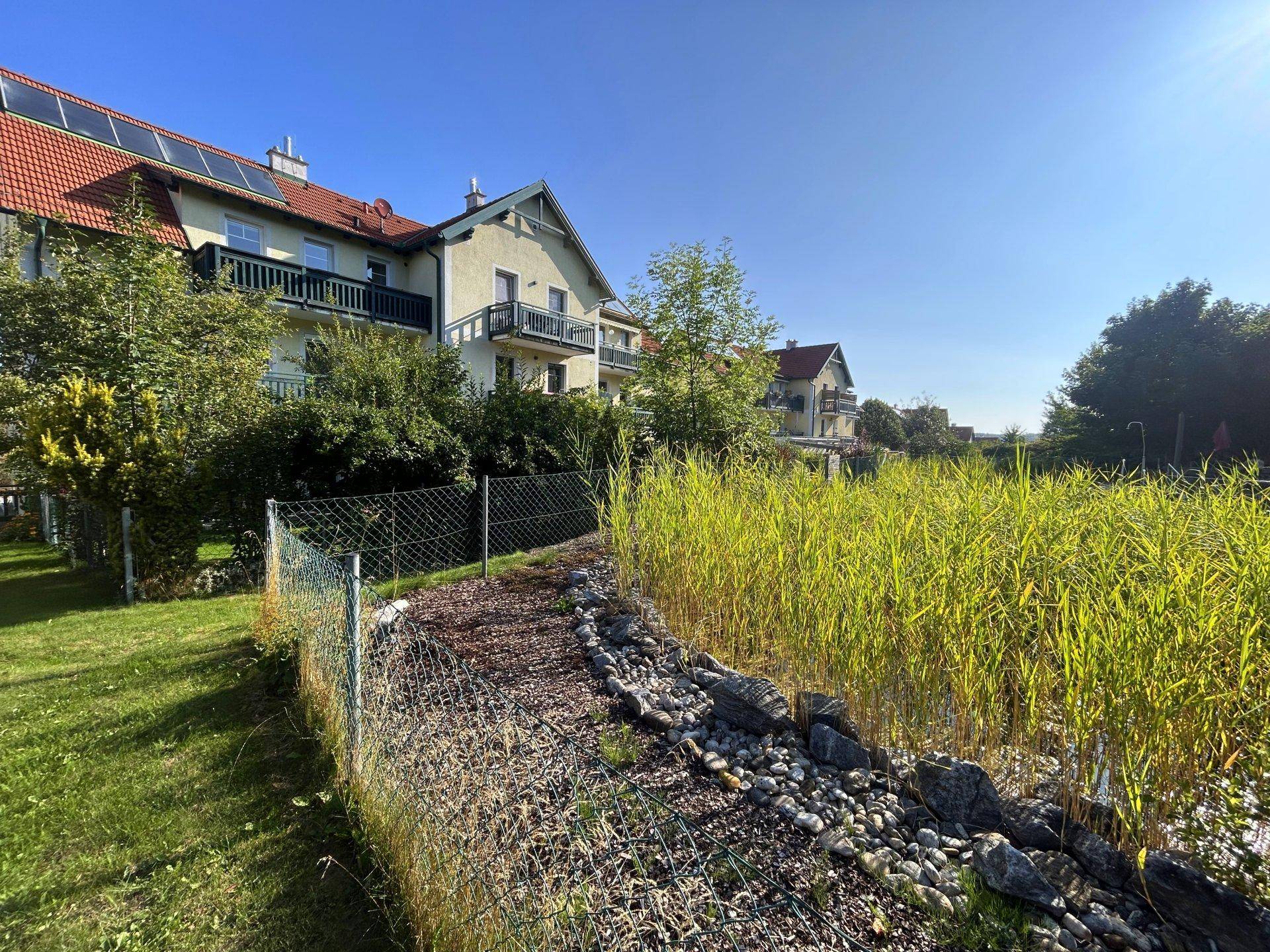 Außenansicht des Gebäudes mit Photovoltaikanlage und einem natürlichen Teich im Vordergrund.
