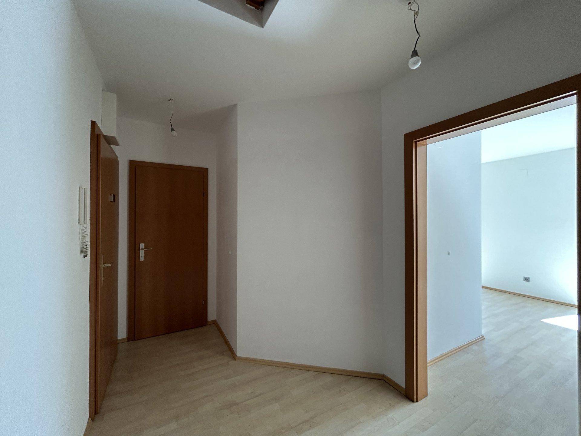Heller Flur mit Holztüren und Laminatboden, der zu weiteren Räumen führt.