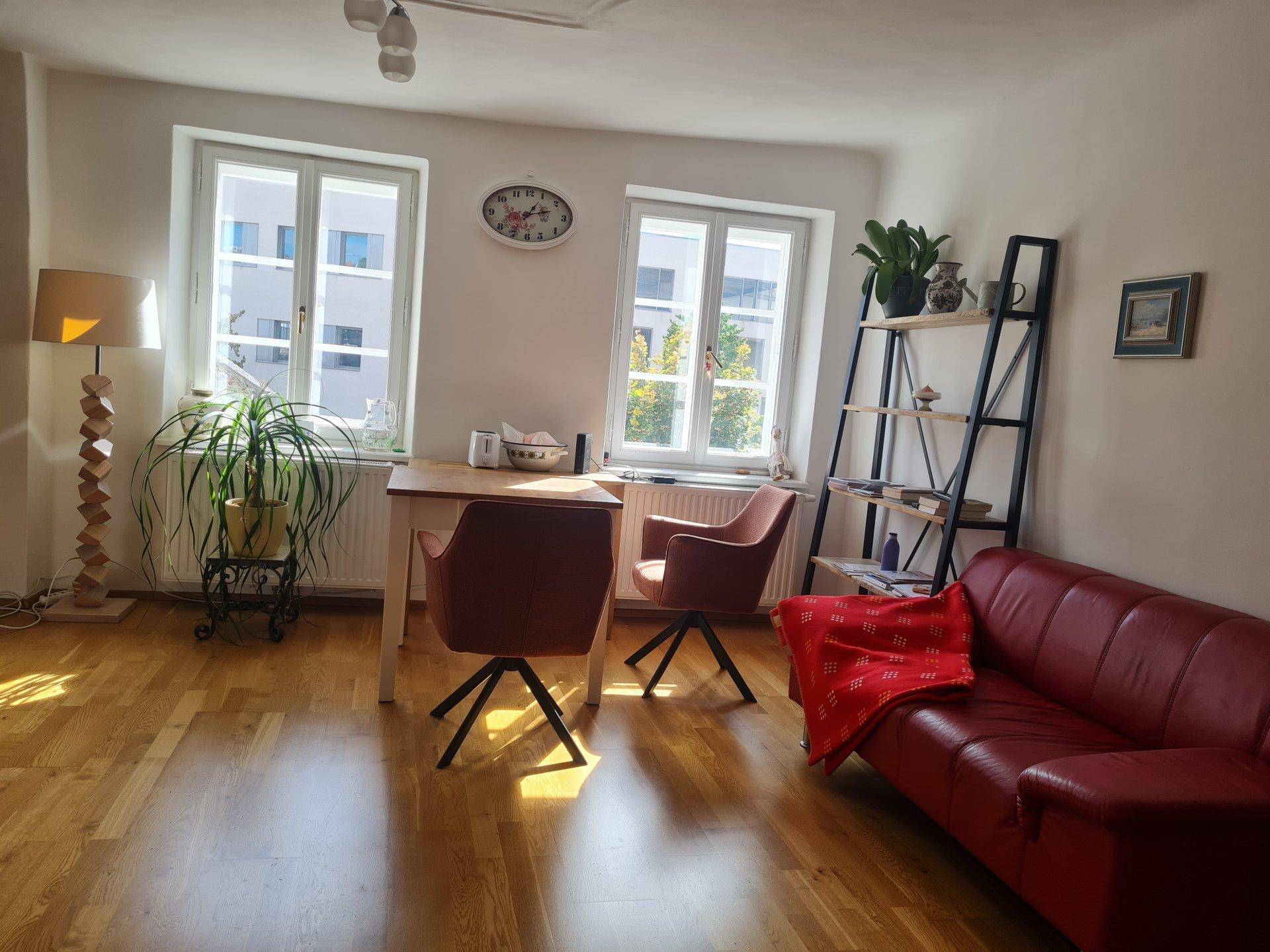 Helles Wohnzimmer mit Holzboden, rotem Sofa und zwei Fenstern, die viel Sonnenlicht hereinlassen.