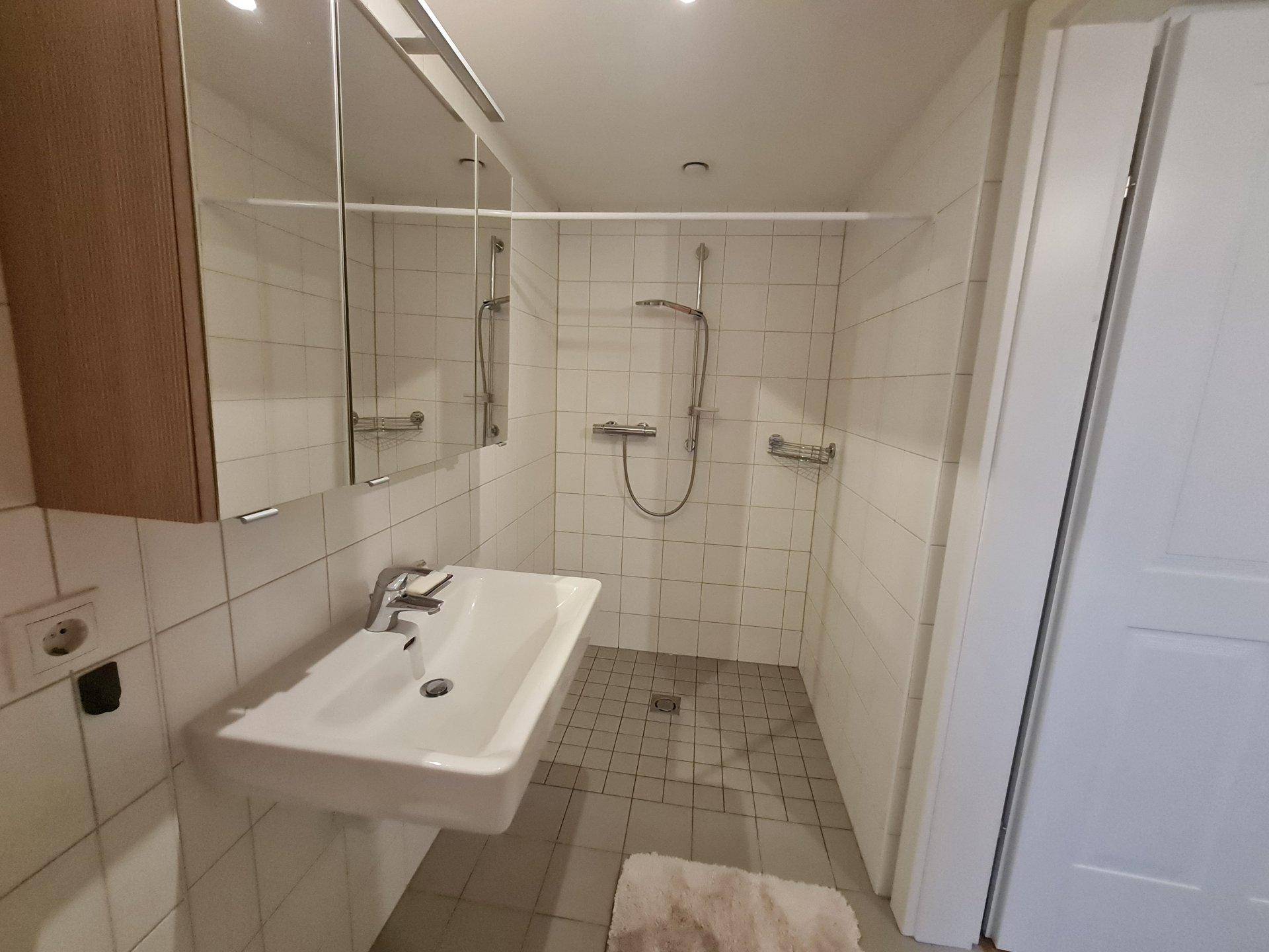 Modernes Badezimmer mit weißen Fliesen, ebenerdiger Dusche und einem einzelnen Waschbecken.