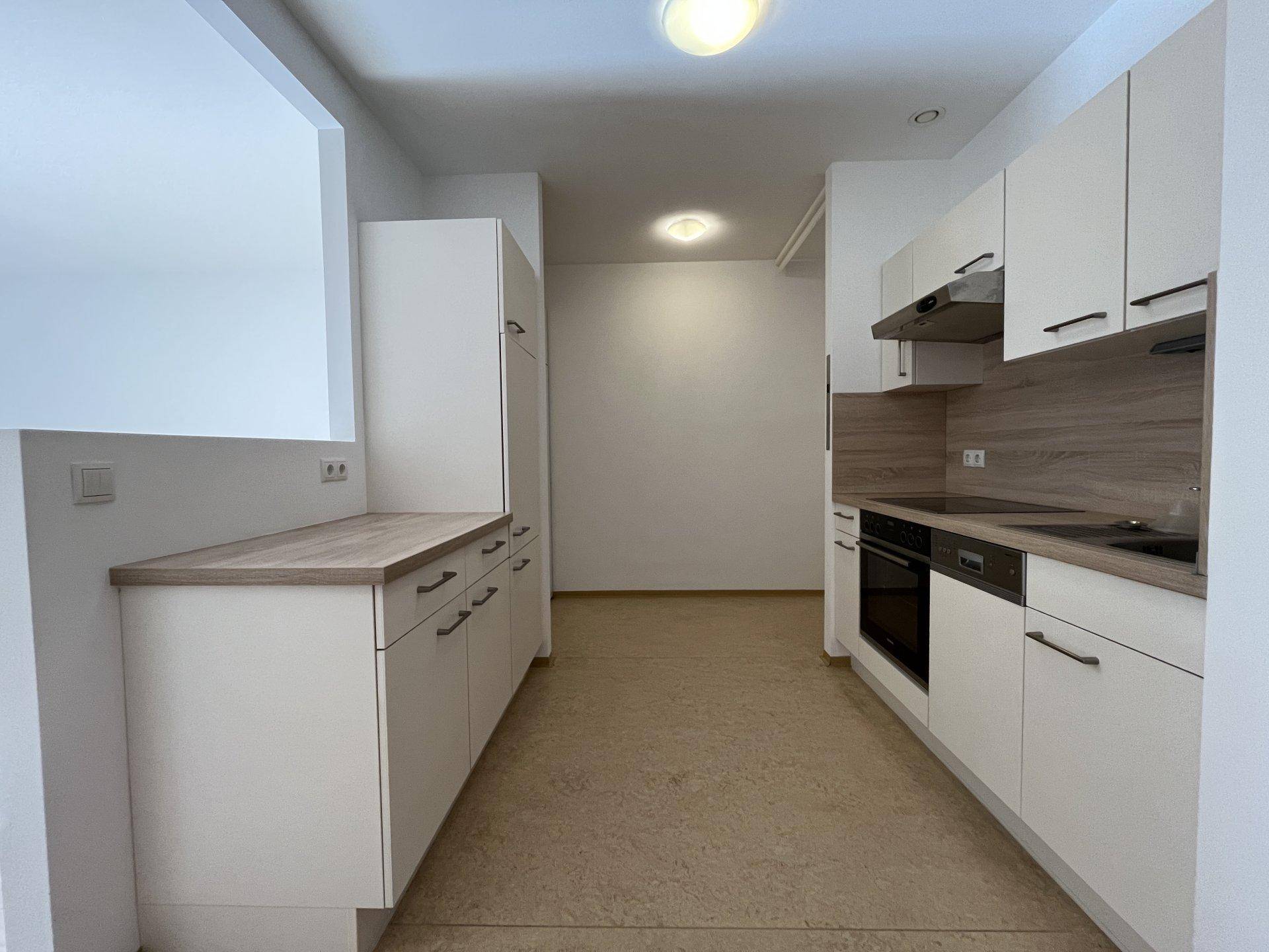 Längliche Küchenzeile mit viel Stauraum und heller Arbeitsplatte in einem funktionalen Design.