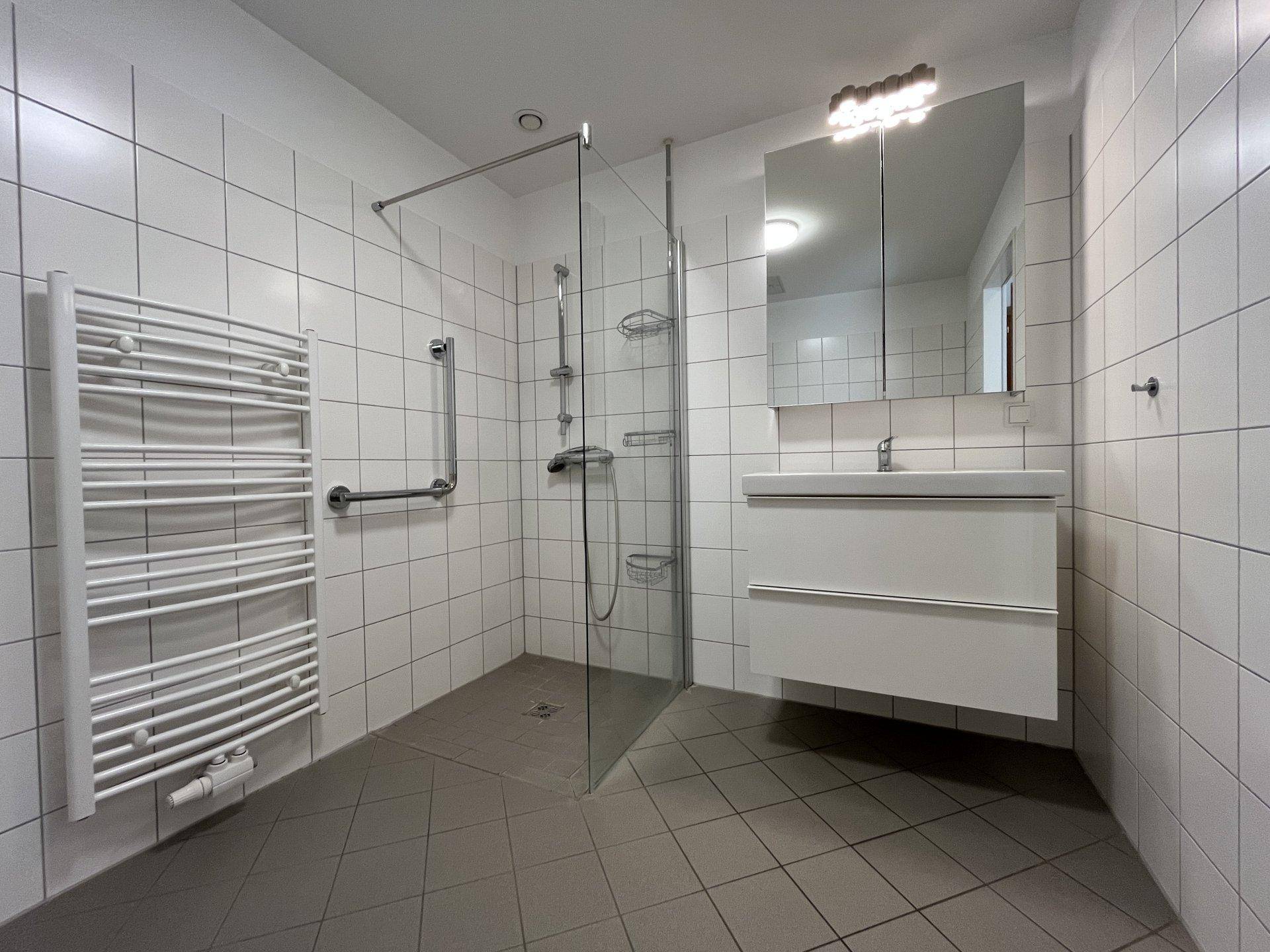 Modernes Badezimmer mit ebenerdiger Dusche, weißen Fliesen, Haltegriffen und Handtuchheizkörper.