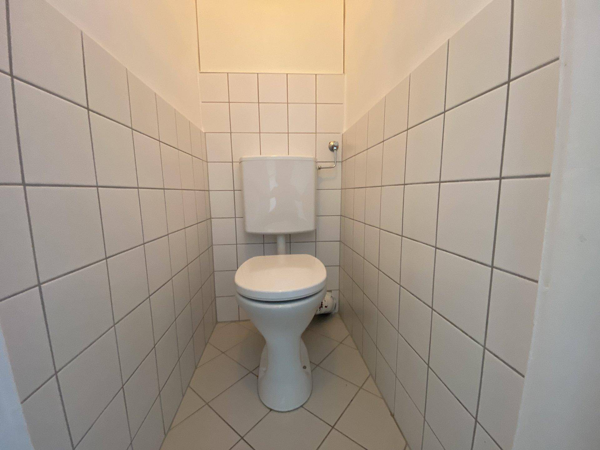 Kleines WC mit weißen Fliesen an Wänden und Boden, ausgestattet mit einer Standardtoilette.