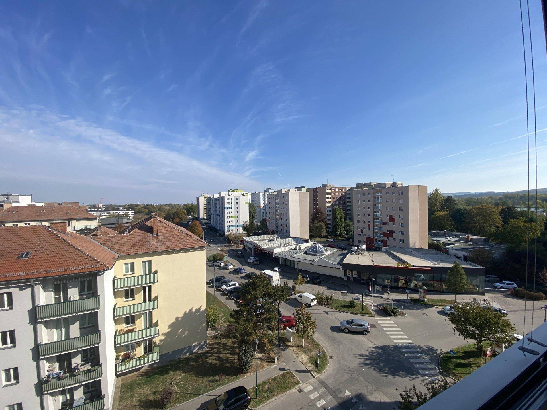 Weiter Blick über eine belebte Wohngegend mit Gebäuden, Straßen und viel Grün.