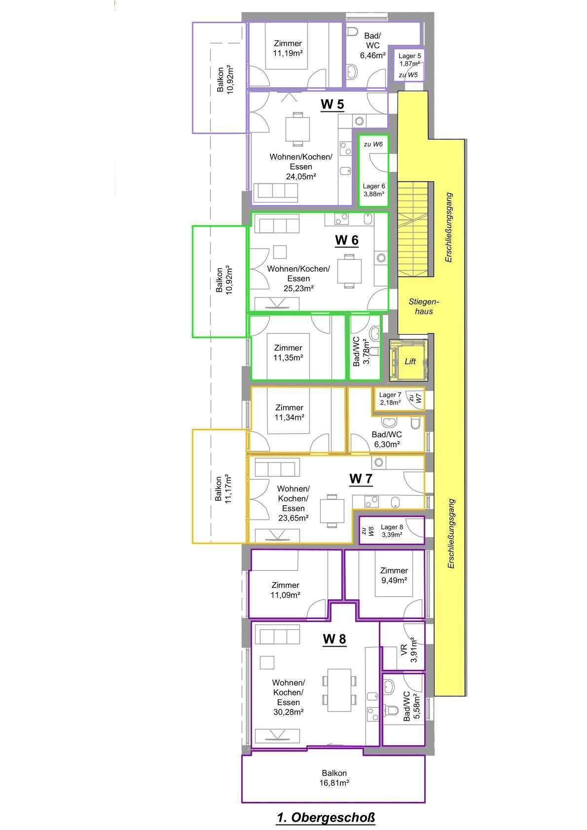 Übersichtsgrundriss eines Obergeschosses mit mehreren Wohnungen, Balkonen und Erschließungsgang.