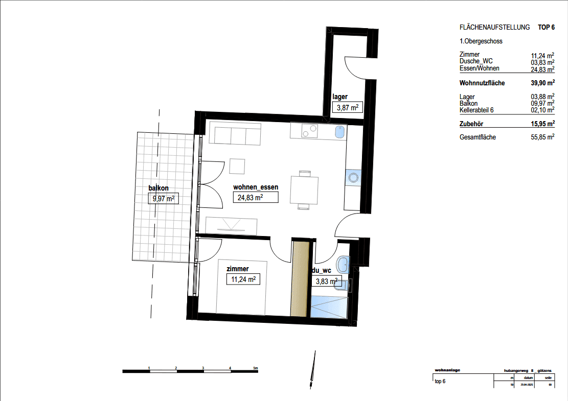Grundriss einer Wohnung mit Wohn-Essbereich, Zimmer, Bad und Balkon.