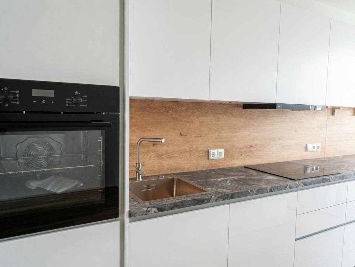 Detailansicht der modernen Küche mit integriertem Backofen, Spüle und dunkler Arbeitsplatte.
