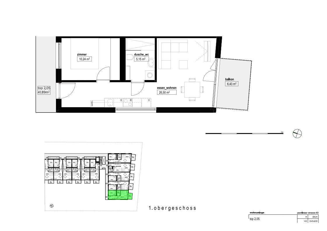 Grundriss einer Wohnung mit Schlafzimmer, offenem Wohn-Essbereich, Bad und Balkon.