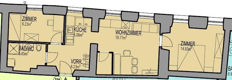 Grundriss der Wohnung mit Aufteilung in Zimmer, Küche, Bad und Wohnzimmer.