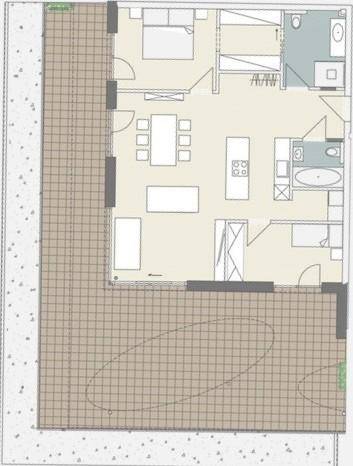 Grundriss einer Wohnung mit großzügiger Terrasse, offenem Wohnbereich und zwei Bädern.
