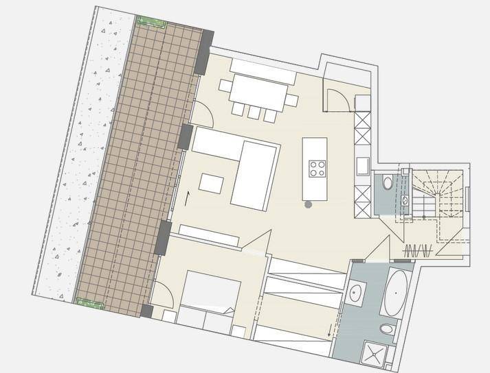 Grundriss einer Wohnung mit offenem Wohnbereich, Küche, Schlafzimmer und großer Terrasse.