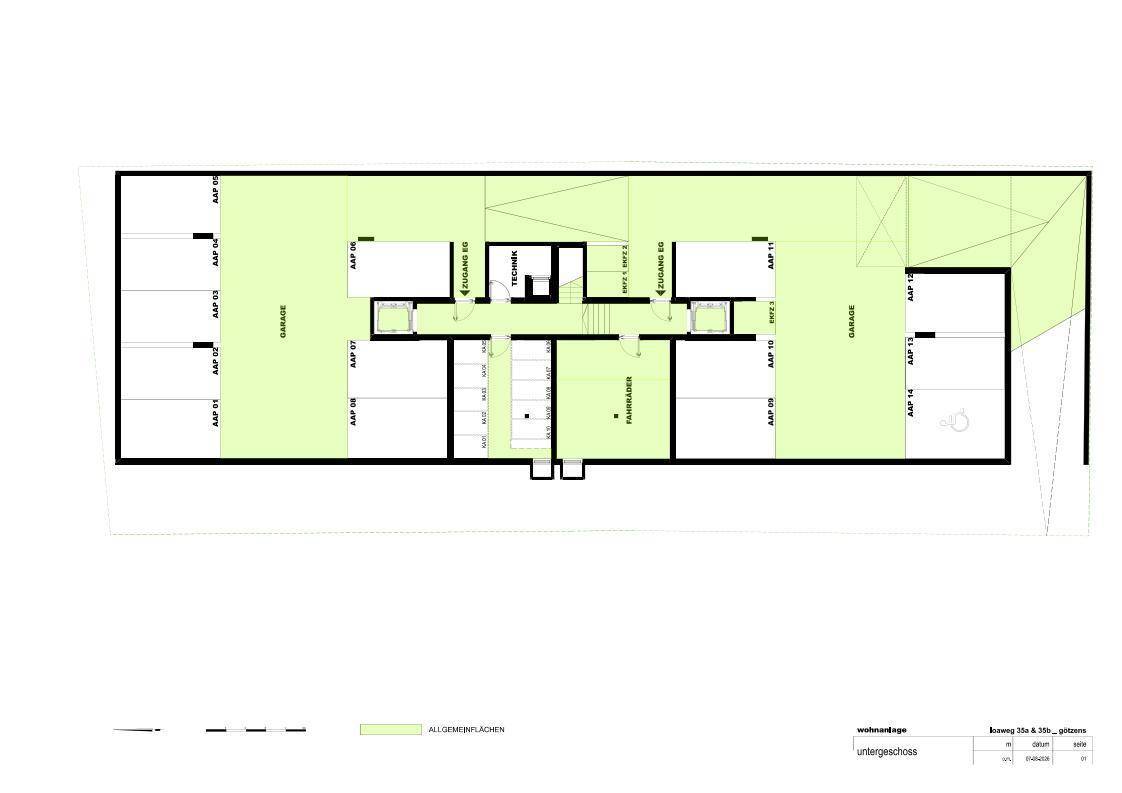 Grundriss des Untergeschosses mit Tiefgarage, Kellerabteilen und Technikräumen.
