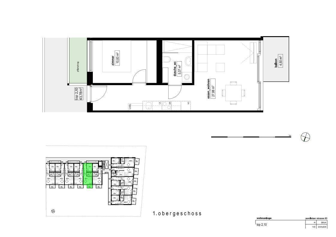 Grundriss einer Wohnung im 1. Obergeschoss mit offenem Wohnbereich, Schlafzimmer und Balkon.