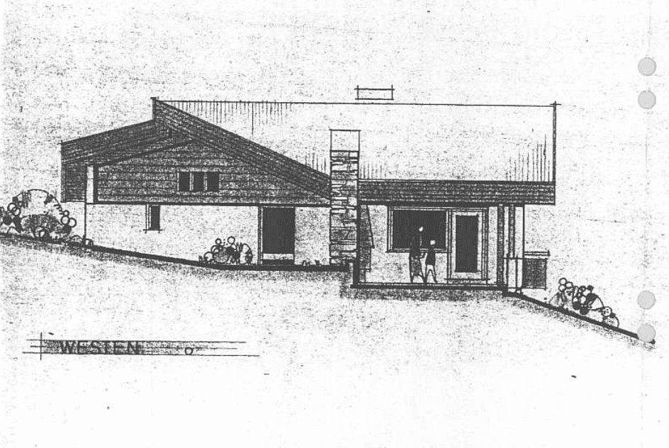 Architektonische Seitenansicht des Hauses mit Dachform und Geländeverlauf.