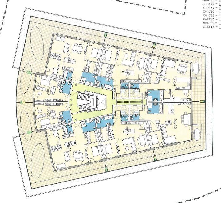 Gesamtgrundriss einer Etage mit mehreren Wohneinheiten, Bädern und Balkonen.