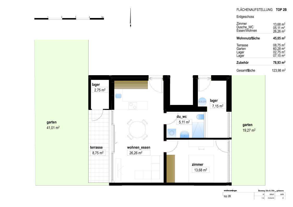 Detaillierter Grundriss des Erdgeschosses mit Wohn-Essbereich, Schlafzimmer, Bad, Terrasse und Garten.