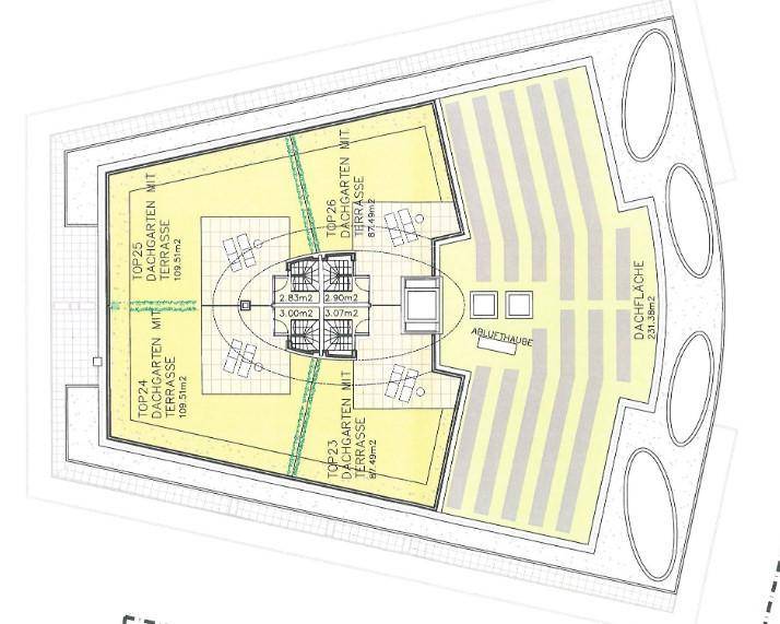 Dachgeschoss-Grundriss mit mehreren Terrassenbereichen und Dachflächen für verschiedene Einheiten.