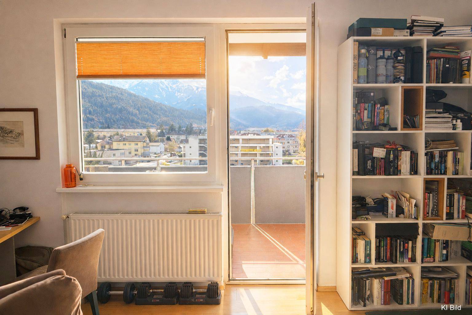 Heller Wohnbereich mit Bücherregal, Schreibtisch und direktem Zugang zum Balkon.