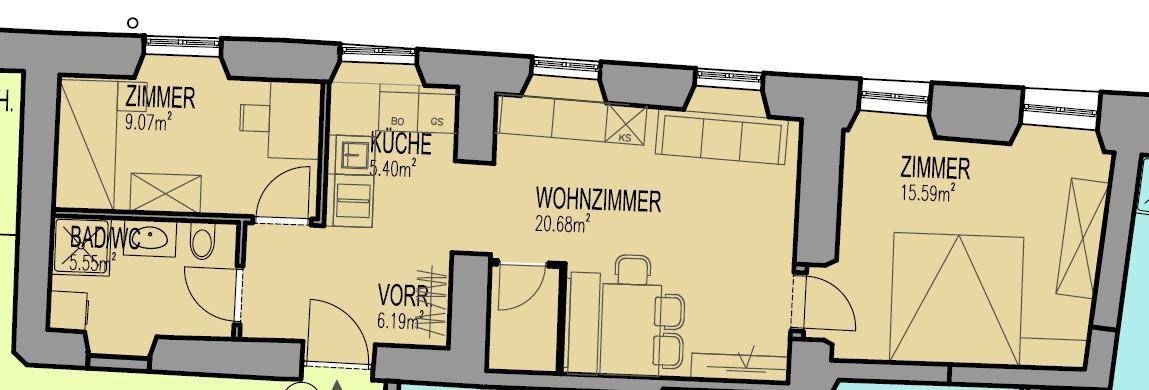 Grundriss einer Wohnung mit mehreren Zimmern, Küche, Bad und Wohnzimmer.